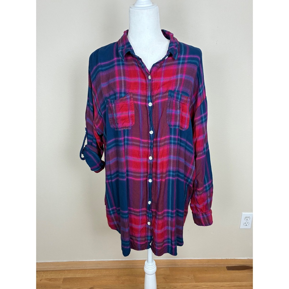 Mossimo Pink and‎ Purple Button Up Tunic Length Top Women's Size XXL (P10)